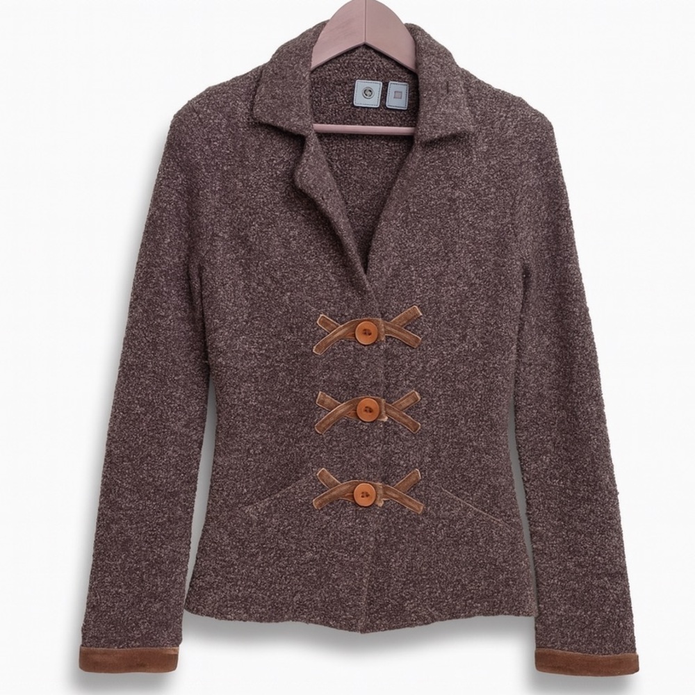 Anthropologie HWR Brown Boucle Knit Velvet Trim Button Cardi Blazer Sweater XS